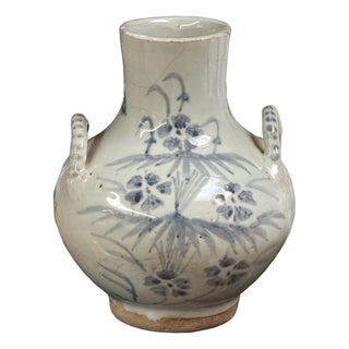 Vintage Fade Gray White Pale Blue Floral Graphic Ceramic Vase For Sale
