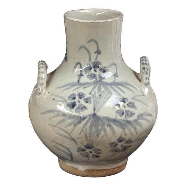 Vintage Fade Gray White Pale Blue Floral Graphic Ceramic Vase For Sale