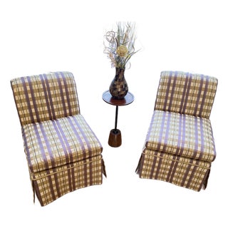 Pair of Baker Furniture Slipper Chairs in Plaid Upholstery For Sale