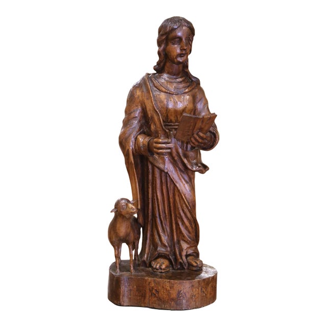 18th C. French Carved Walnut Figure of Saint John the Baptist With Lamb For Sale