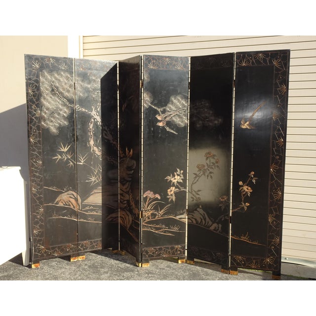 Wood Vintage Oriental Asian Palace City Coromandel Chinoiserie Black Six Panel Screen For Sale - Image 7 of 17