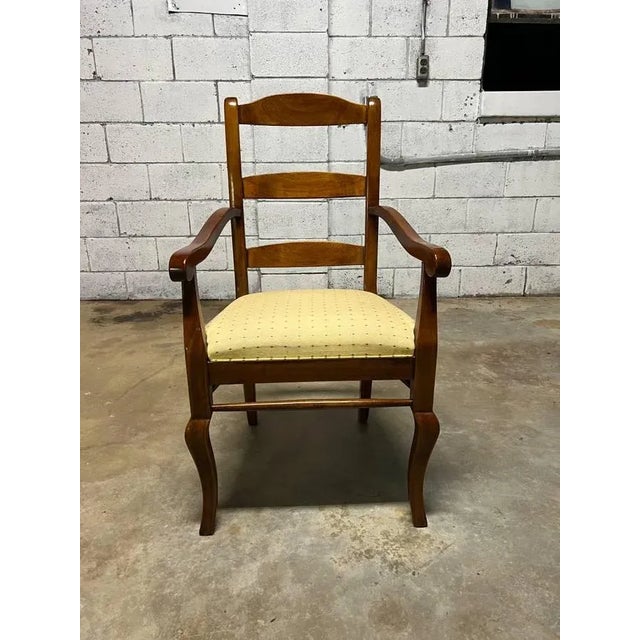 Pair of Vintage High Ladder Back Open Armchairs Solid wood frame, sturdy and comfortable Upholstery is useable as is...
