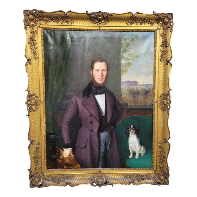 Portrait of a Gentleman and His Dog, 19th Century, Oil on Canvas, Framed For Sale