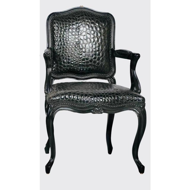 Textile Black Faux Crocodile & Glossy Black Louis XV Style Armchair For Sale - Image 7 of 8