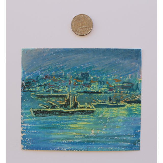 1950s Mid-Century Swedish Outsider Folk-Art Original Drawing of Military War Ships in Harbour in Oil Pastels in Blue, Green & Yellow For Sale In San Diego - Image 6 of 7