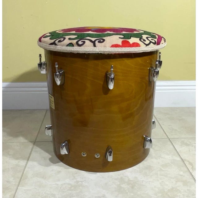 Vintage Suzani Upholstered Drum Wood Stool For Sale - Image 11 of 13