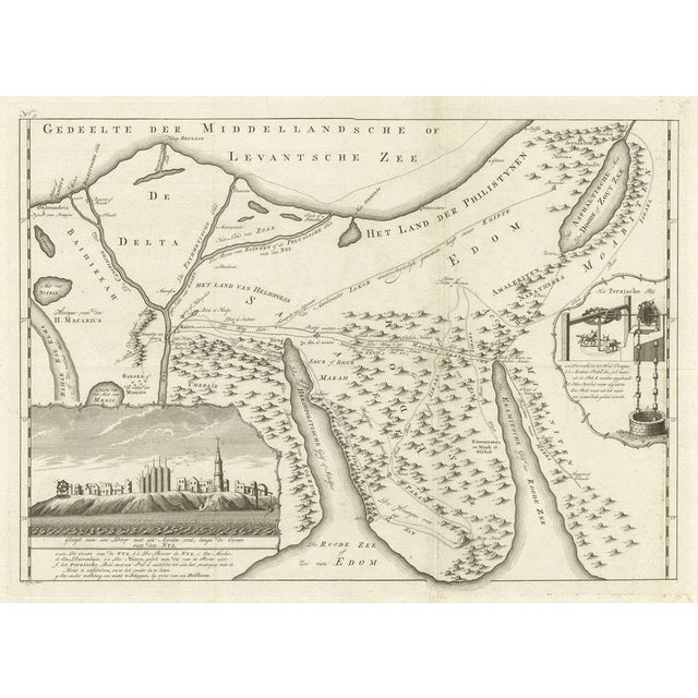 Antique map of the Sinai Peninsula showing the Mediterranean Sea to the north and the Red Sea to the south. The map is...
