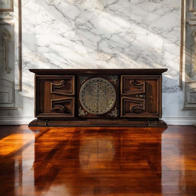 1970s Wood and Brass Lowboy Credenza With Geometric Paneled Front For Sale - Image 4 of 7