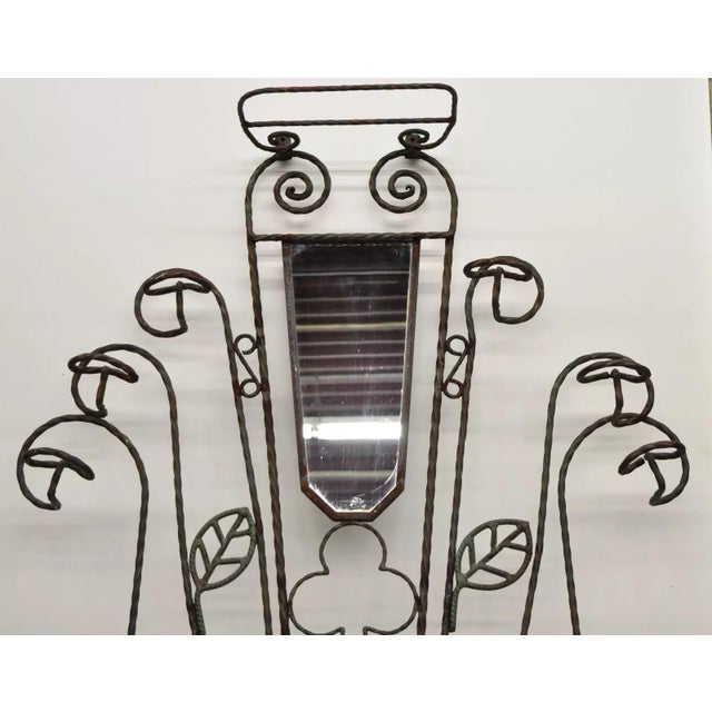 Art Nouveau Mid 20th Century Arts & Crafts Style Scrolling Wrought Iron Mirror Umbrella Stand Coat Hall Tree For Sale - Image 3 of 10