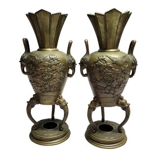 Pair of Japanese Bronze Bird and Flowers Vases Meiji For Sale