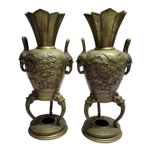 Pair of Japanese Bronze Bird and Flowers Vases Meiji