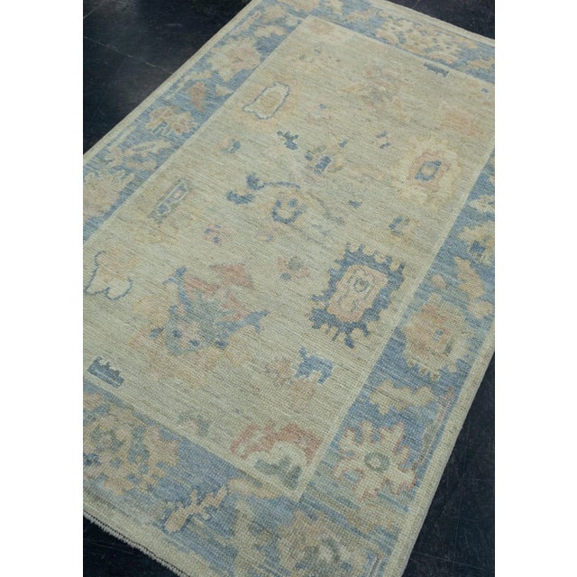 Turkish Blue & Cream Turkish Oushak Rug 3'11" x 6'2" For Sale - Image 3 of 9