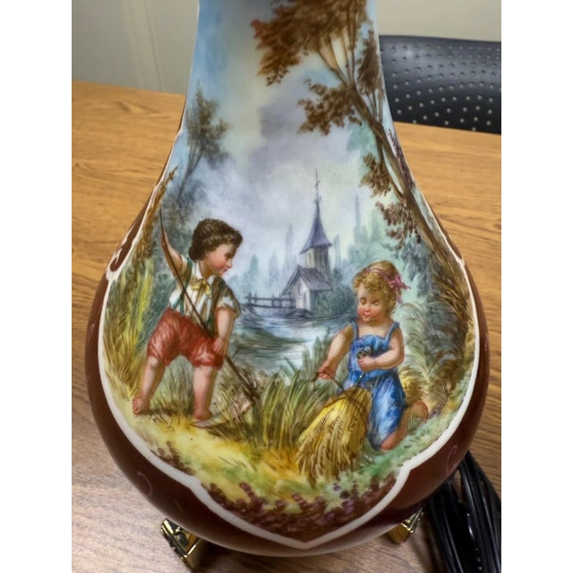 Mid-20th Century French Rococo Style Hand-Painted Porcelain Lamps – a Pair For Sale - Image 9 of 10