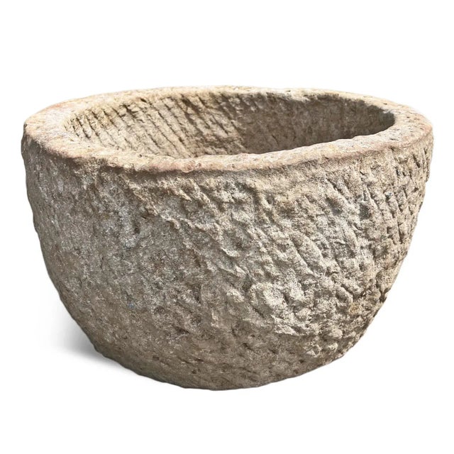 Old vintage solid stone large round bowl from India. Rustic rough texture. Wonderful for outdoor or indoor use / display....