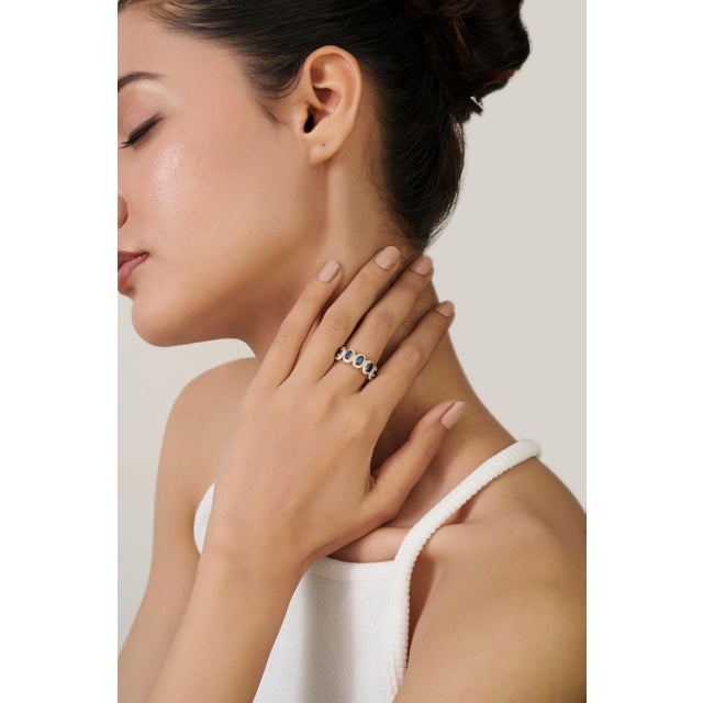 Modern Deep Blue Sapphire & Diamond Halo Half Eternity Ring Size 9 in 14k Gold For Sale - Image 11 of 15