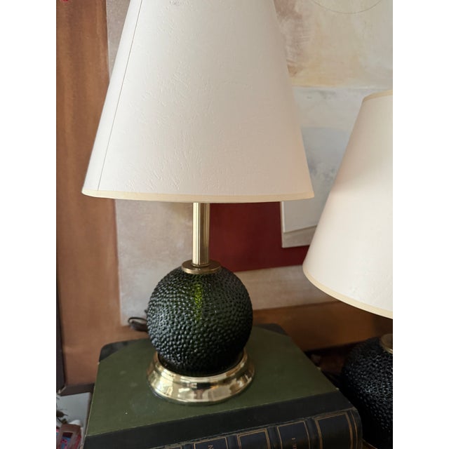 1960s Vintage Swedish Green Textured Glass Table Lamps - A Pair For Sale - Image 5 of 12