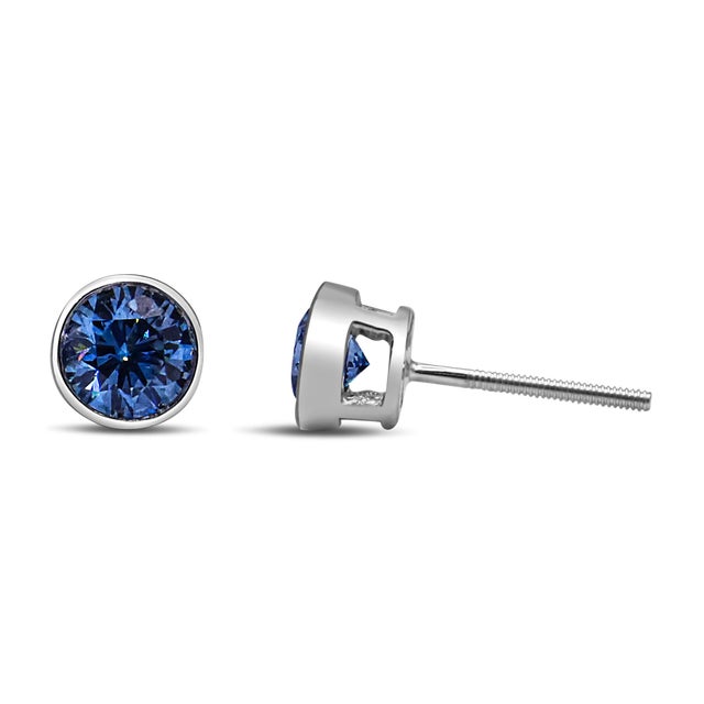 Contemporary 14K White Gold 1.0 Cttw Blue Lab Grown Diamond Screw-Back Classic Bezel Solitaire Stud Earrings (Blue Color, VS2-SI1 Clarity) For Sale - Image 3 of 5