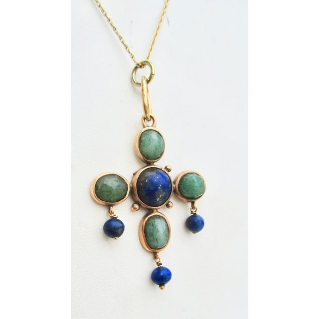 Victorian Antique 14 Kt Gold Necklace and Lapis and Agate Pendant For Sale - Image 3 of 7
