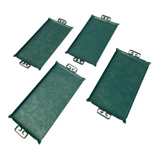 Mid-Century Kyes Moire Greek Key Caribbean Green Appetizer Trays, Set/4 For Sale