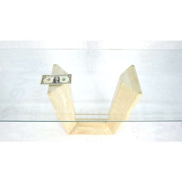 Travertine Sculptural Low Profile U Shape Base Glass Top Console Table MINT For Sale - Image 9 of 14