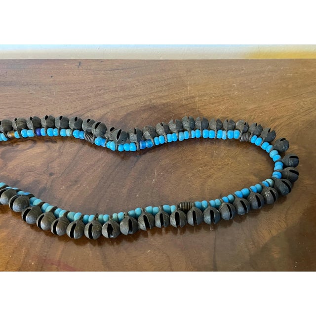 Long Strand of Brass Bronze Bells Strung With Turquoise Glass Trade Beads For Sale In New York - Image 6 of 13