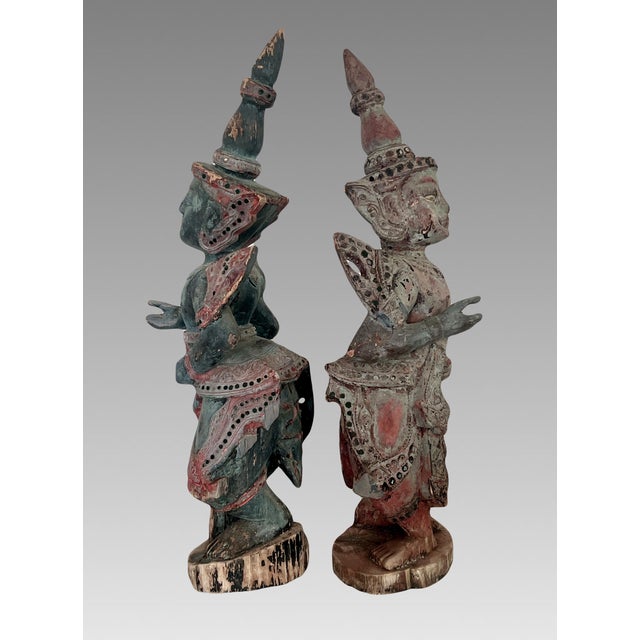 Wood Antique Teppanom / Guardian Thai Angels, Carved Wood Statues or Figures - A Pair 18" For Sale - Image 7 of 11
