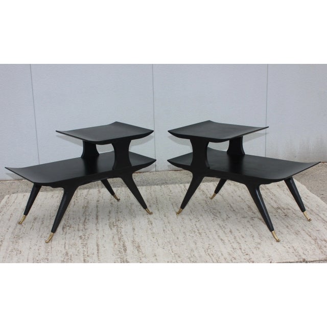 Stunning pair of 1950s Italian end tables in the style of Ico & Luisa Parisi. Newly refinished with solid brass tapered...
