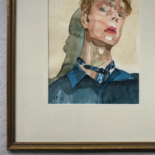 Cream Modern Expressionist Portrait Original Watercolor Painting in Vintage Giltwood Frame For Sale - Image 8 of 11