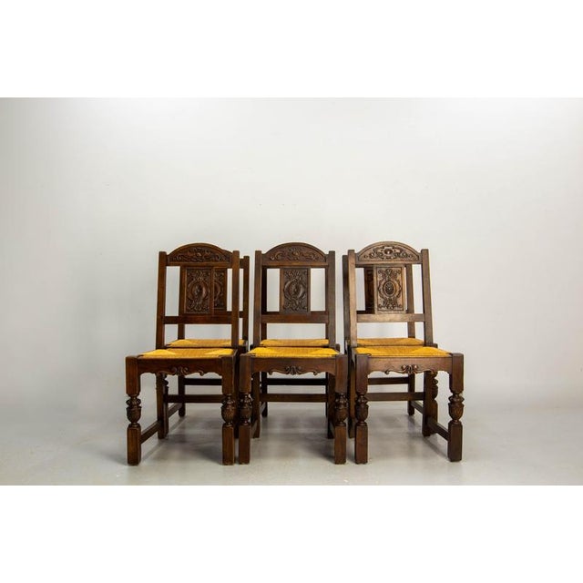 Vintage Spanish Oak Dining Chairs with Rush Seats, 1950, Set of 6 For Sale - Image 3 of 15