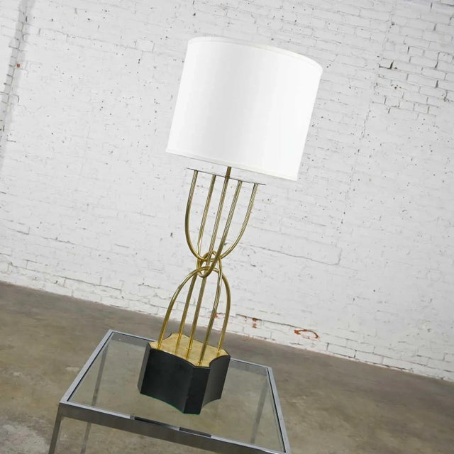 1960s Mid-Century Modern Table Lamp Brass Looped Tube Black Base White Drum Shade For Sale - Image 6 of 13