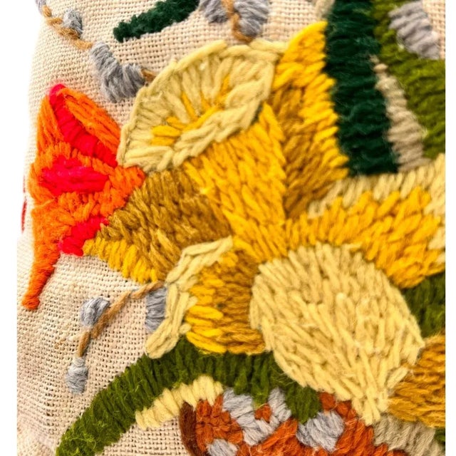 Mid-Century Modern Vintage Floral Velour Accent Crewel Pillow Red Yellow Late 20th Century Bohemian Fall For Sale - Image 3 of 3