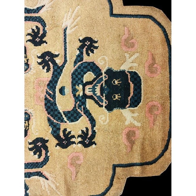 1890s Antique Beige Dragon Ningxia Chinese Hand Knotted Pile Square Small Rug For Sale - Image 4 of 7