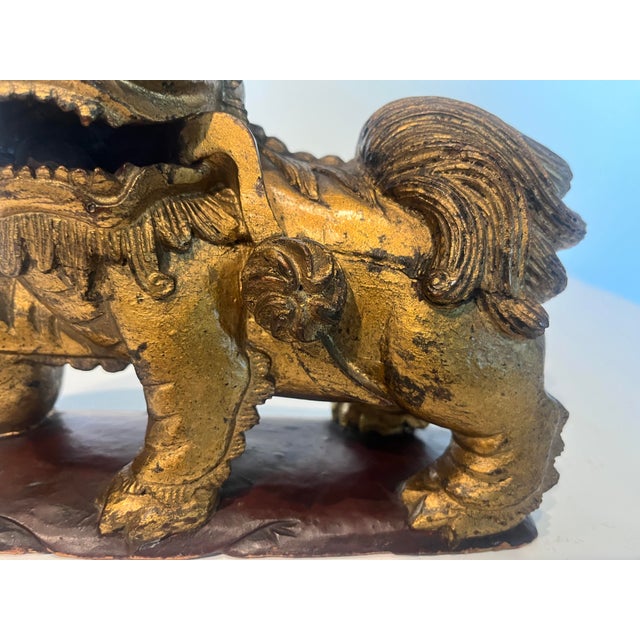 Wood Pair Late 19th Century Chinese Carved Giltwood Male & Female Guardian Foo Dogs With Cub Attached to Female For Sale - Image 7 of 12