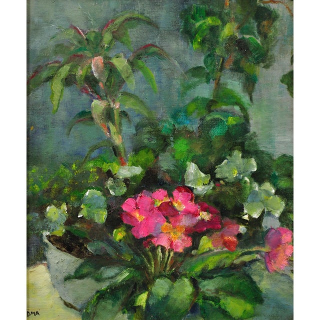 Diana armfield. english ( b.1920 ). pink primulas & a collection of potted house plants. oil on board. signed monogram...