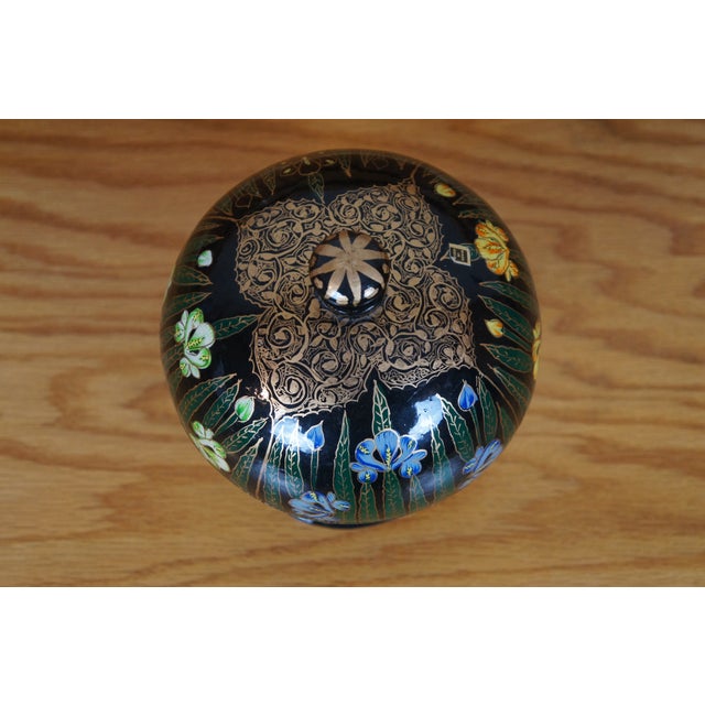 Mid 20th Century India Black Lacquer Kashmir Papier Mache Floral Candy Compote Trinket Box For Sale - Image 6 of 11