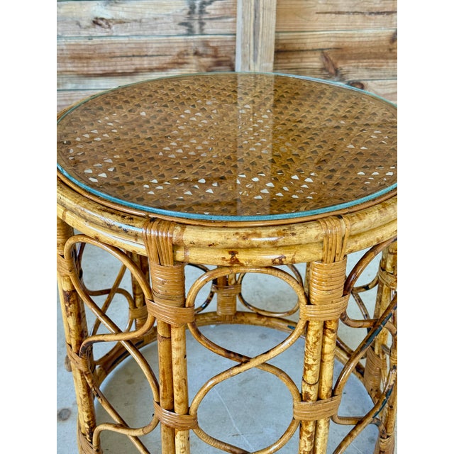 Mid-20th Century Coastal Refinished Tortoise Rattan Cane Drum Side Table For Sale - Image 9 of 11