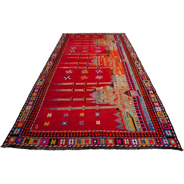 Masterpiece 1963 Dated Turkish Kilim, Extra Large Pictorial Wall Tapestry, Vintage Wall Decor With Mosque Design, Rare Architectural Art For Sale - Image 6 of 15