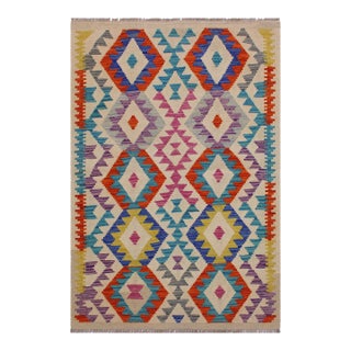 Caucasian Kilim Beige Blue Wool Rug - 3'2" X 4'9" For Sale