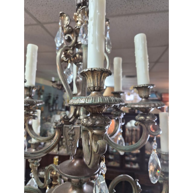 1920s 2 Tiered Solid Bronze 12 Socket Chandelier For Sale - Image 4 of 18