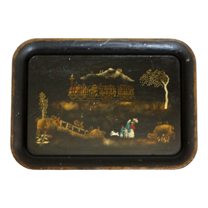 Antique English Chinoiserie Hand Stenciled Tole Serving Tray