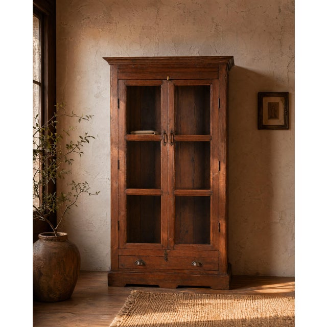 Vintage Teak Wood Cabinet | Antique Indian Armoire | Glass Front Display Cabinet | Rustic Home Decor For Sale - Image 6 of 6