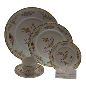 1990’s Vintage/New KPM Hand-Painted 5-Piece Place-Setting Rich Gold, Birds, Ribbons & Flowers