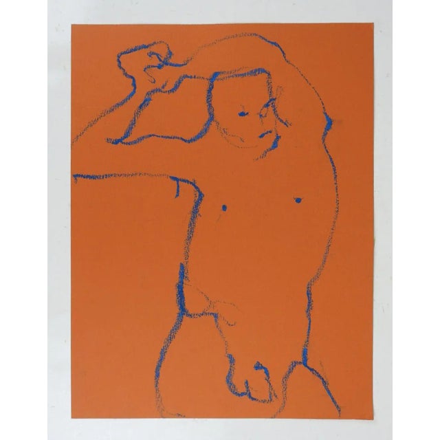 Late 20th century oil pastel on rust paper abstract male nude drawing. Unsigned. Unframed.