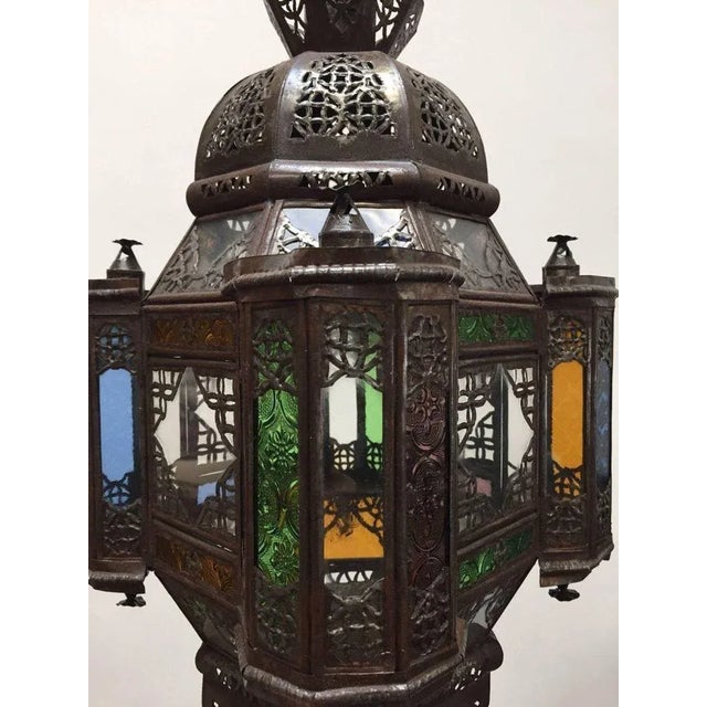 Moroccan Moorish Metal Lantern With Clear and Colored Glass For Sale In Palm Springs - Image 6 of 11