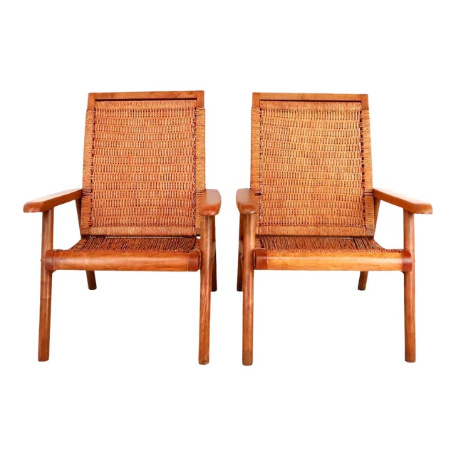 1960s Mexican Mid-Century Modern Woven Lounge Chairs - A Pair For Sale
