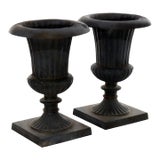 Pair of Antique Neoclassical Cast Iron Melon Ribbed Garden Urns C1930 For Sale