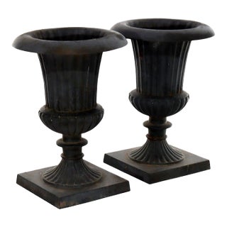 Pair of Antique Neoclassical Cast Iron Melon Ribbed Garden Urns C1930 For Sale
