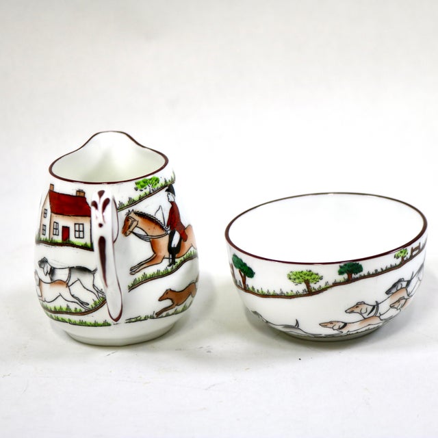 English Early 20th Century Crown Staffordshire Hunting Scene Mini Creamer Pitcher and Open Sugar Bowl For Sale - Image 3 of 8