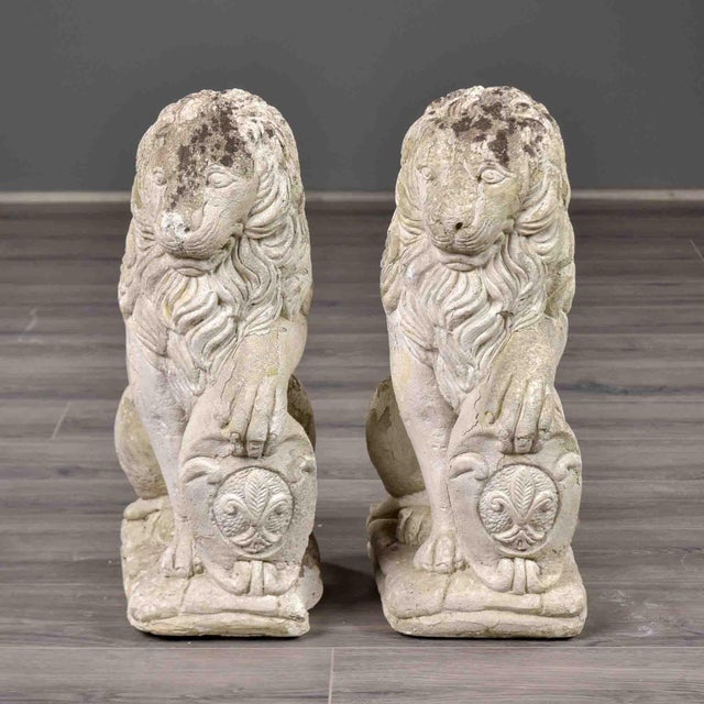 Pair of Vintage French Cast Stone Seated Lion Garden Statues For Sale - Image 4 of 10