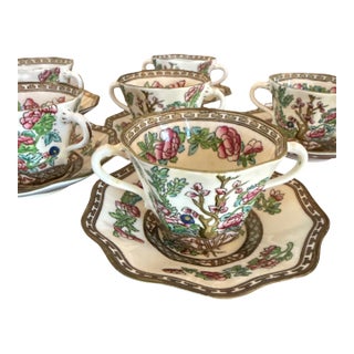 Set of Six Antique English Coalport Indian Tree Scalloped Flat Bouillon Cups & Saucers, Circa 1891–1919 For Sale